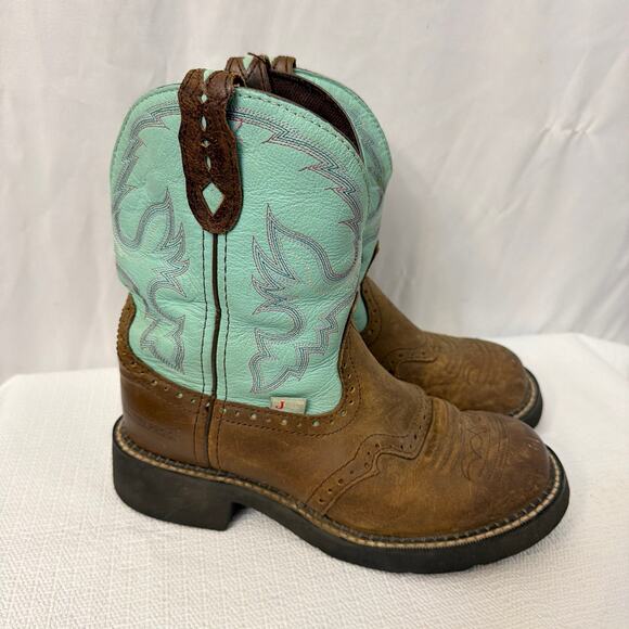 Justin Gypsy Boots Womens 7 B Brown Teal Western Cowboy Turquoise Stitch Leather - Picture 1 of 10